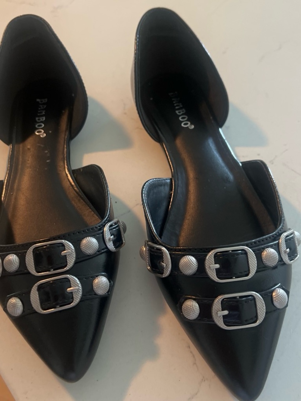 BAMBOO Black Pointed D'Orsay Mules with Silver Buckle DetailsY2K style